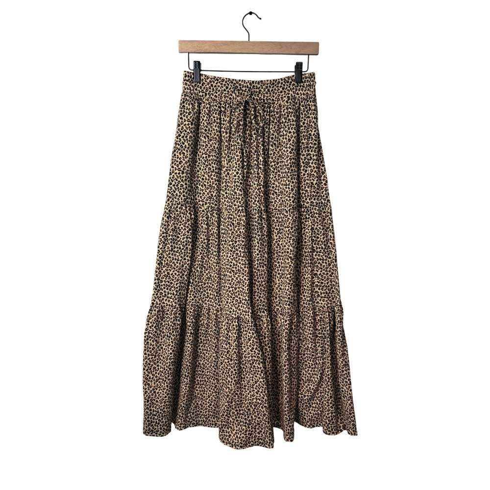 Caslon Leopard Print Tiered Maxi Skirt Tan Black Small Elastic Waist Boho